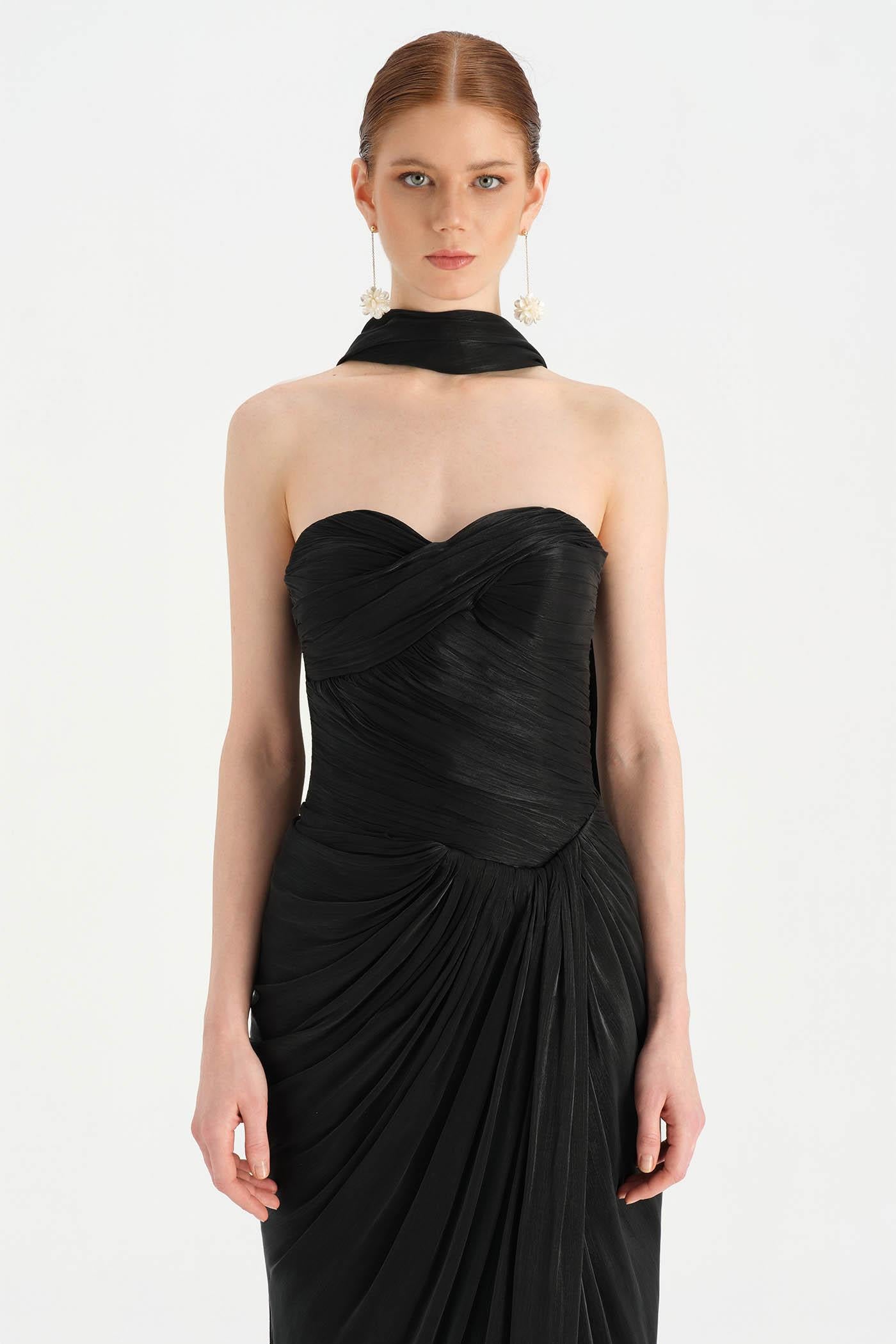 Shiny Organze Evening Dress with Pleats Draping and Shawl - 26002C