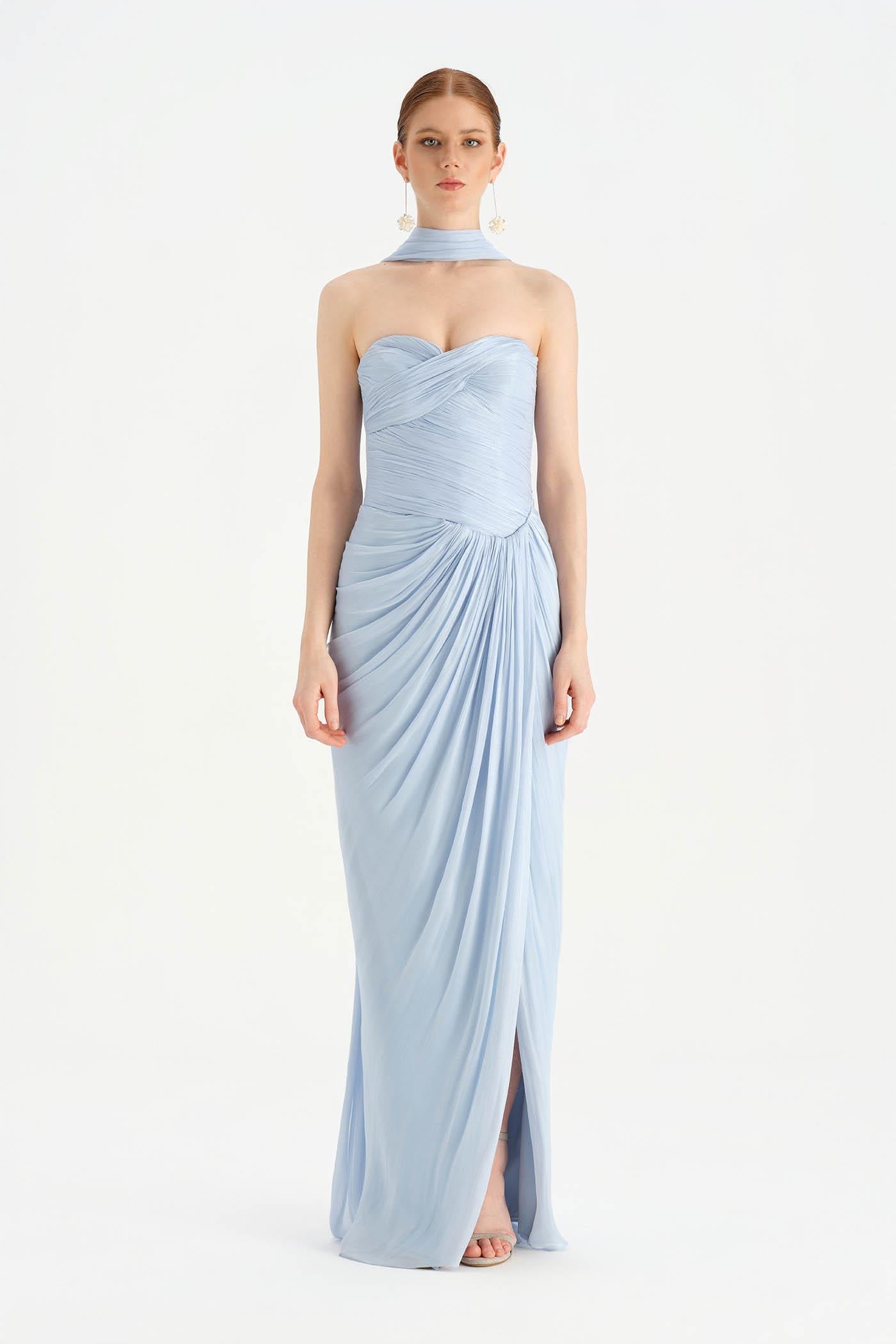 Shiny Organze Evening Dress with Pleats Draping and Shawl - 26002C
