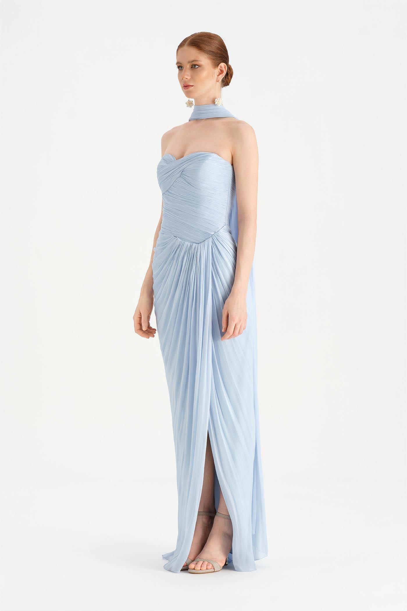 Shiny Organze Evening Dress with Pleats Draping and Shawl - 26002C