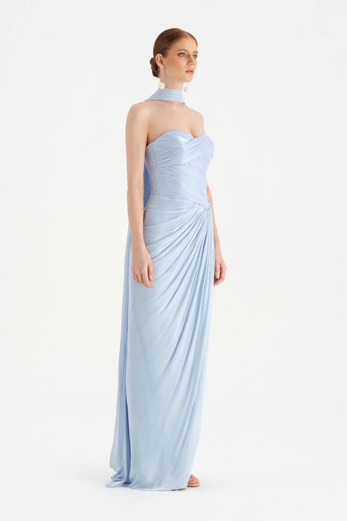 Shiny Organze Evening Dress with Pleats Draping and Shawl - 26002C