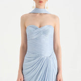 Shiny Organze Evening Dress with Pleats Draping and Shawl - 26002C