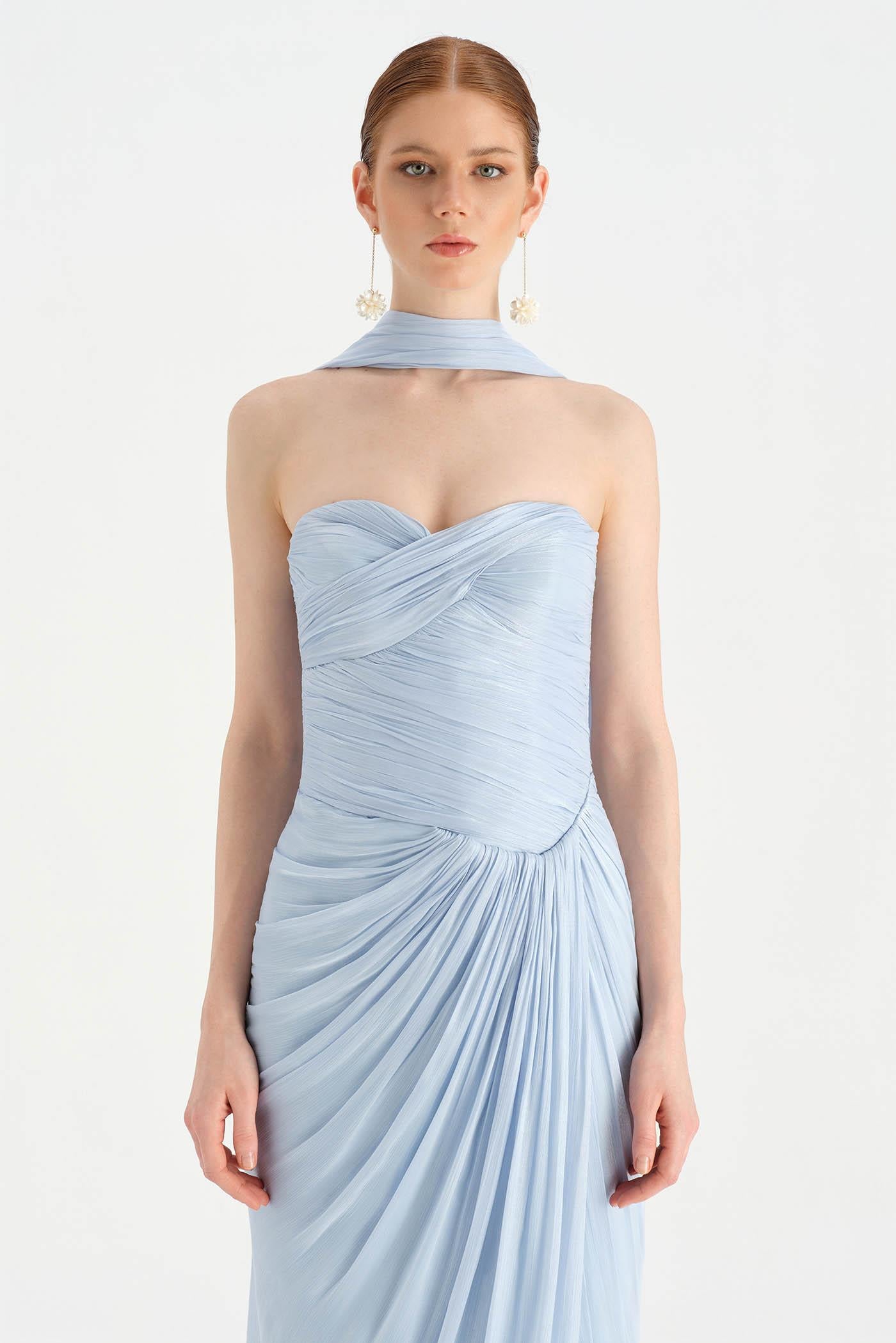 Shiny Organze Evening Dress with Pleats Draping and Shawl - 26002C