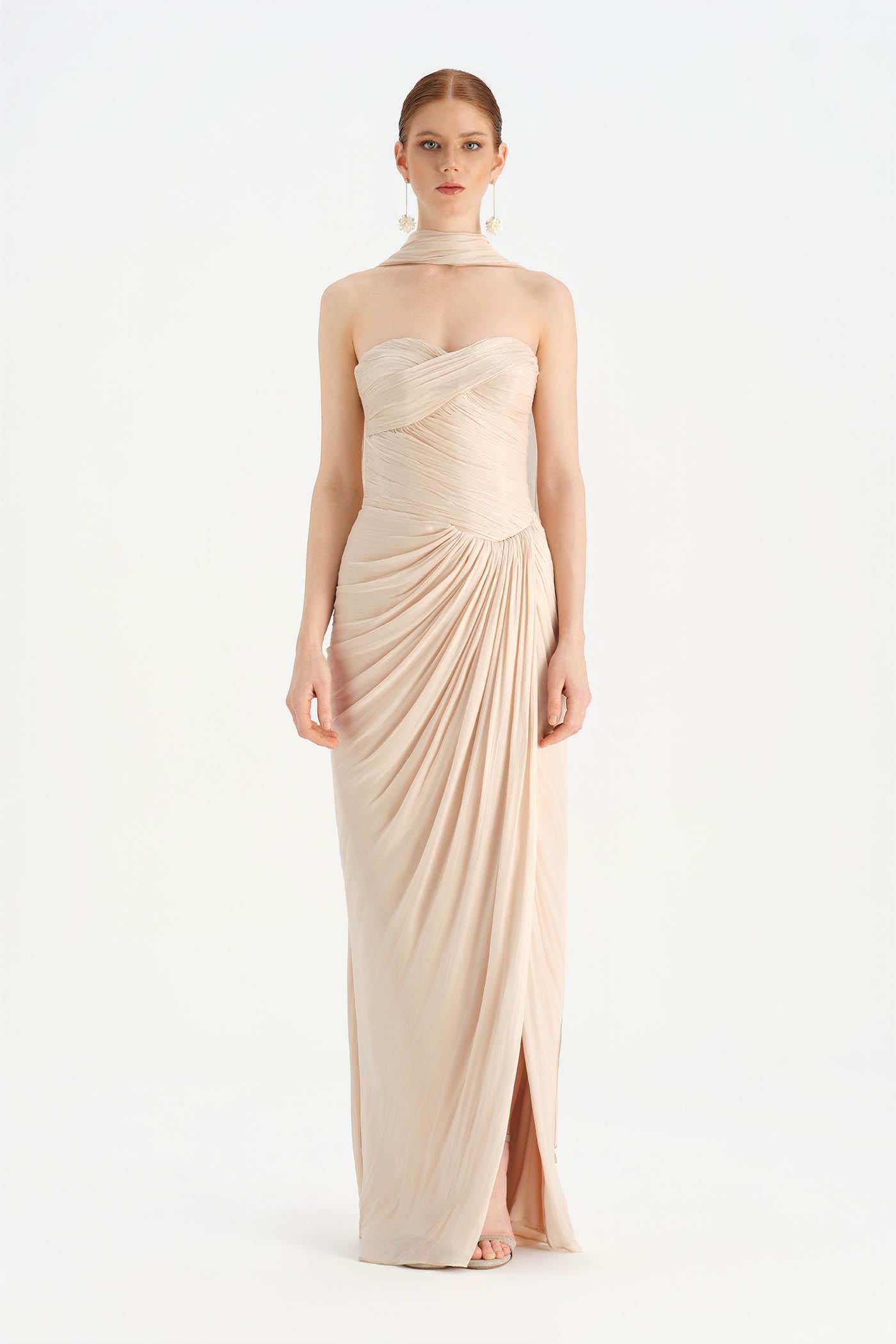 Shiny Organze Evening Dress with Pleats Draping and Shawl - 26002C