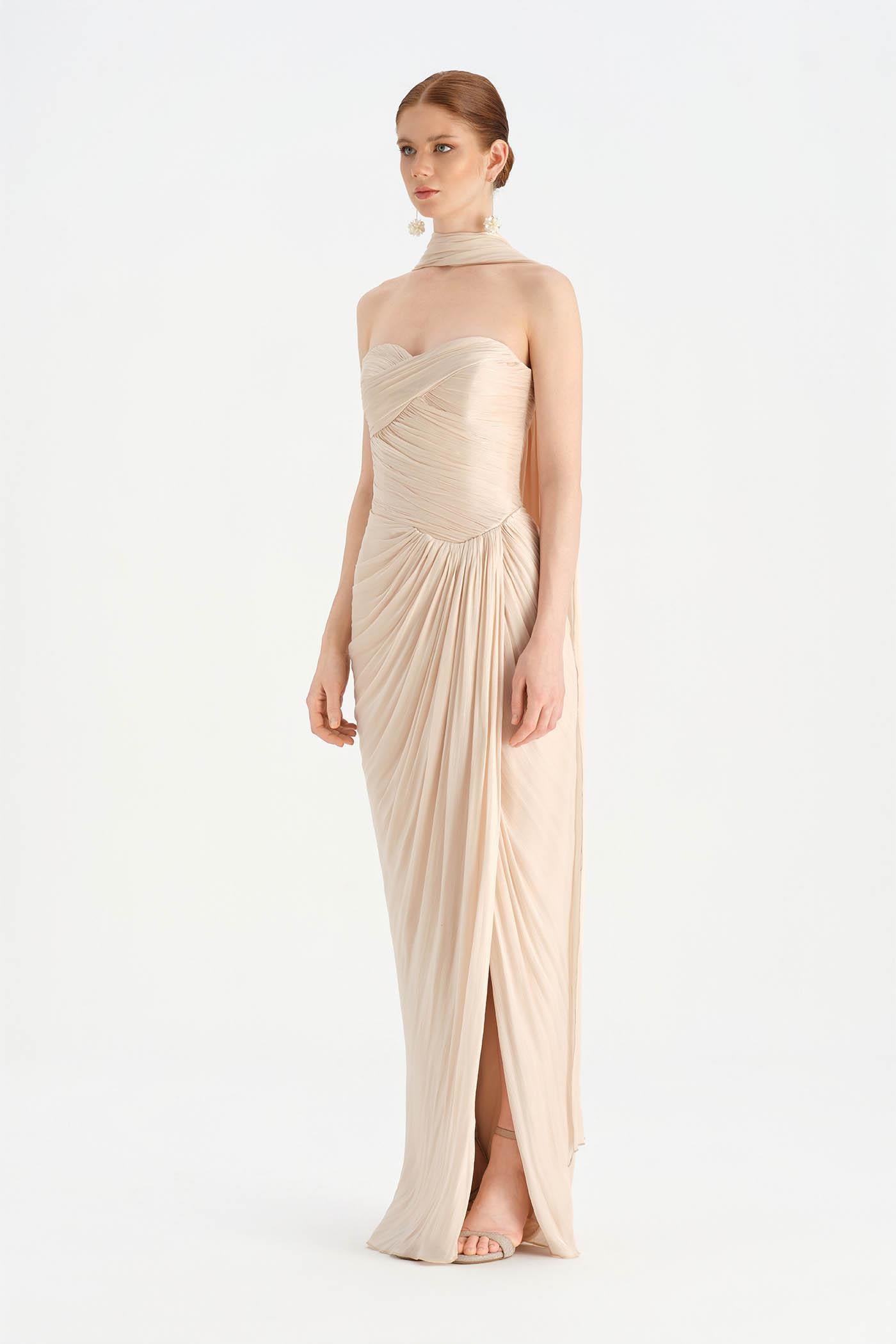 Shiny Organze Evening Dress with Pleats Draping and Shawl - 26002C