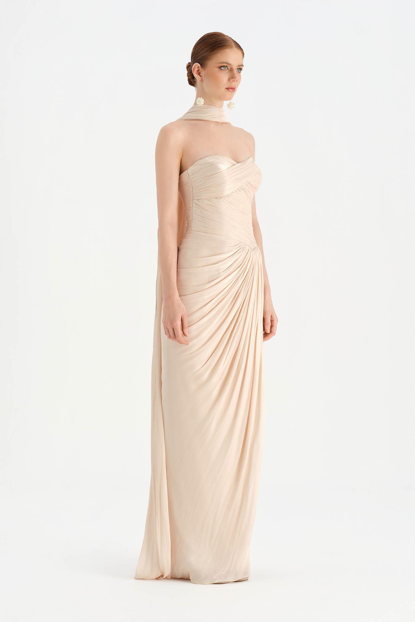 Shiny Organze Evening Dress with Pleats Draping and Shawl - 26002C