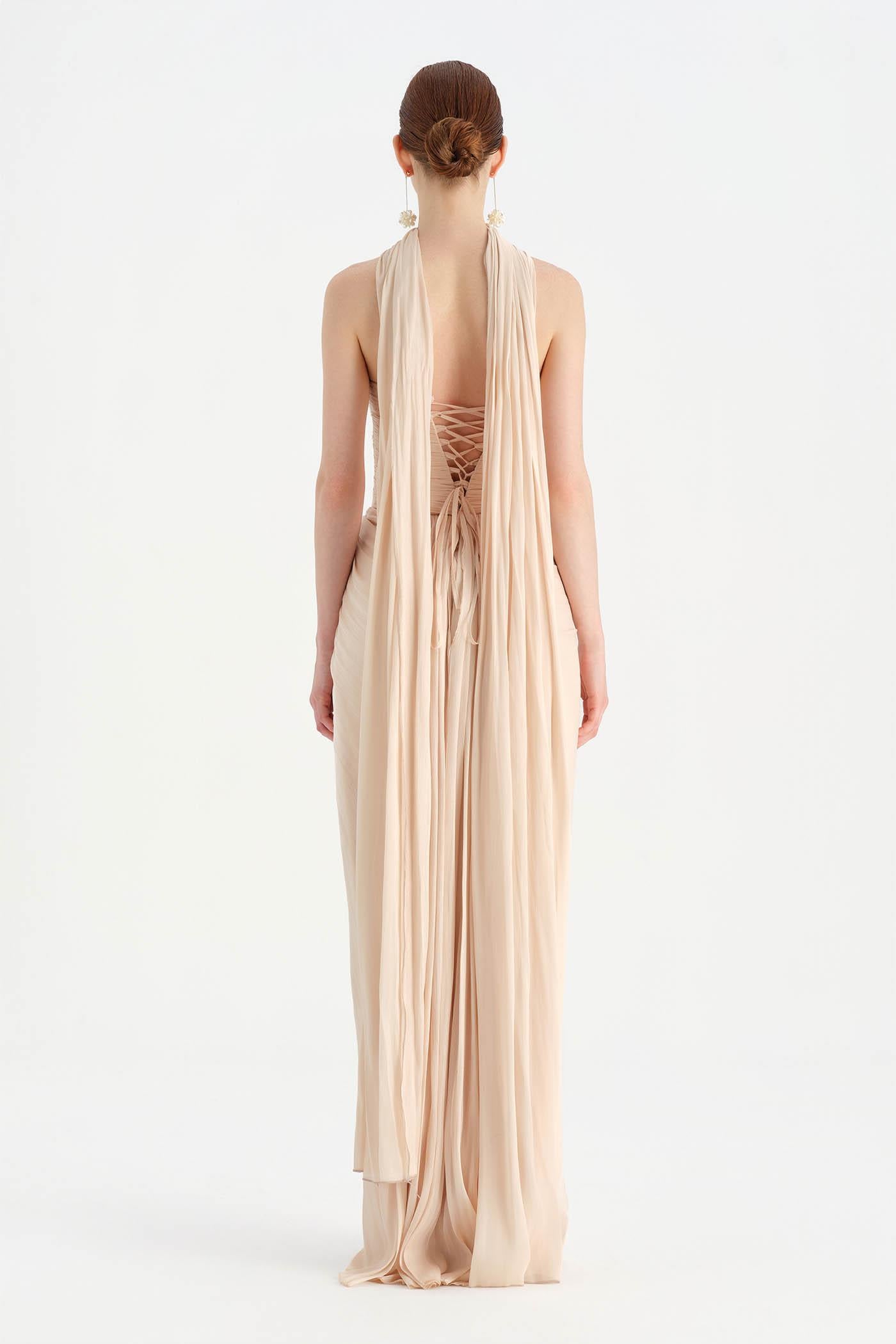 Shiny Organze Evening Dress with Pleats Draping and Shawl - 26002C