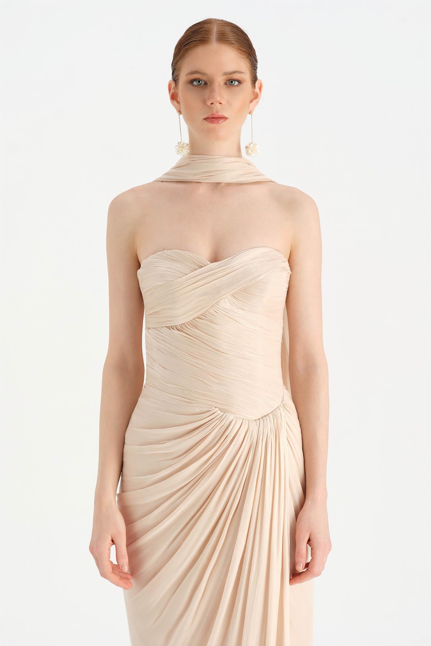 Shiny Organze Evening Dress with Pleats Draping and Shawl - 26002C