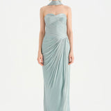Shiny Organze Evening Dress with Pleats Draping and Shawl - 26002C