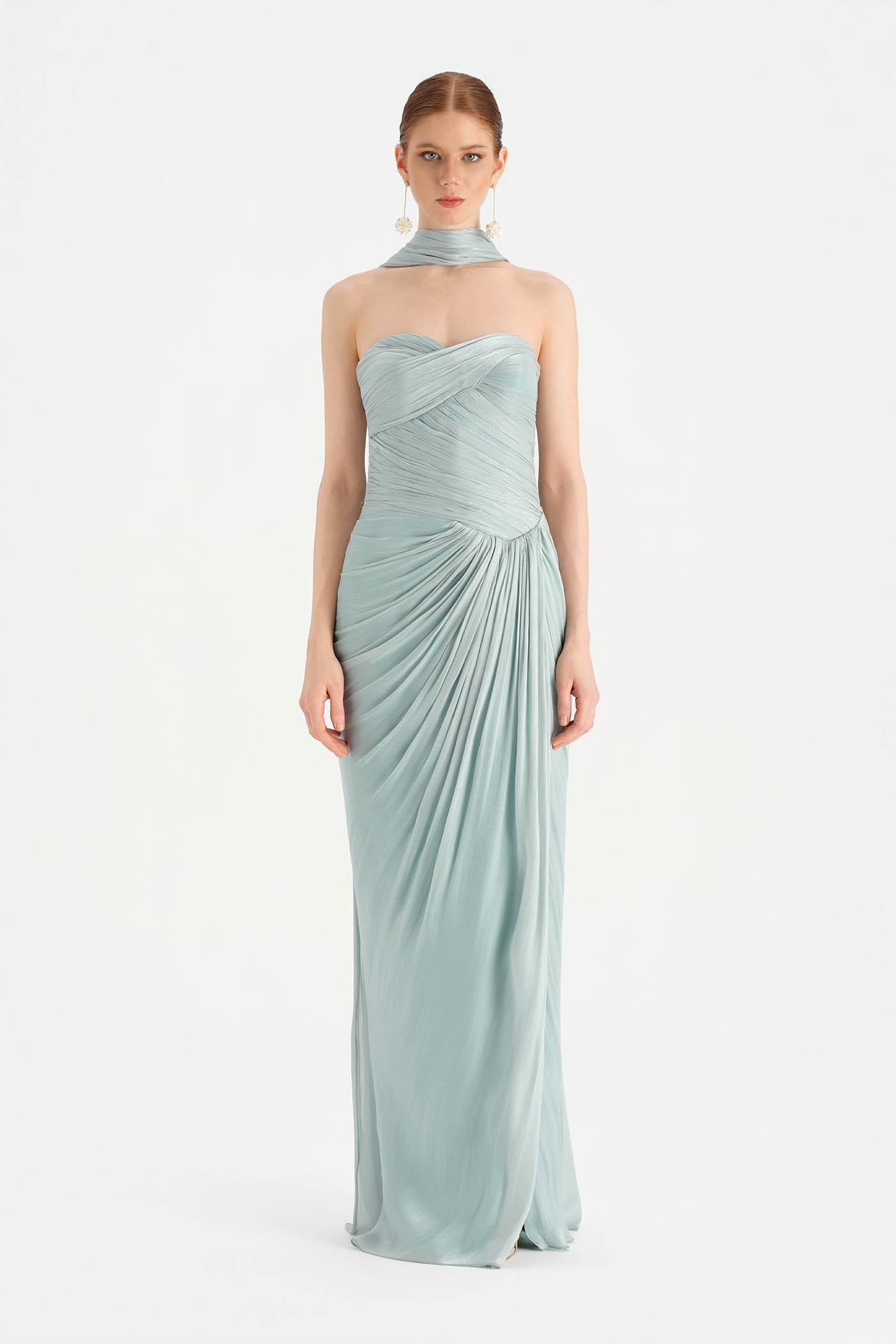 Shiny Organze Evening Dress with Pleats Draping and Shawl - 26002C