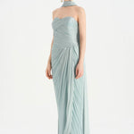 Shiny Organze Evening Dress with Pleats Draping and Shawl - 26002C