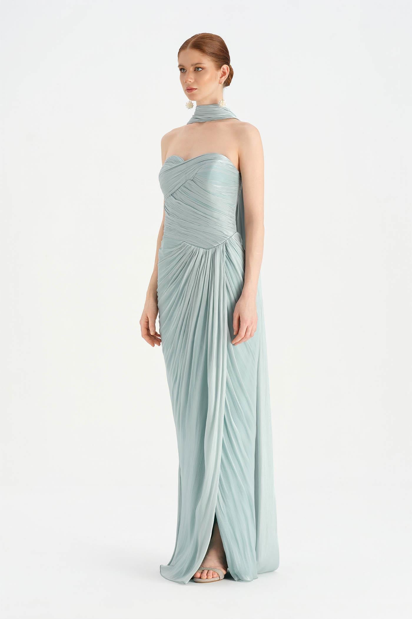 Shiny Organze Evening Dress with Pleats Draping and Shawl - 26002C