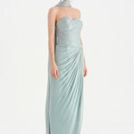 Shiny Organze Evening Dress with Pleats Draping and Shawl - 26002C