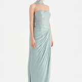 Shiny Organze Evening Dress with Pleats Draping and Shawl - 26002C