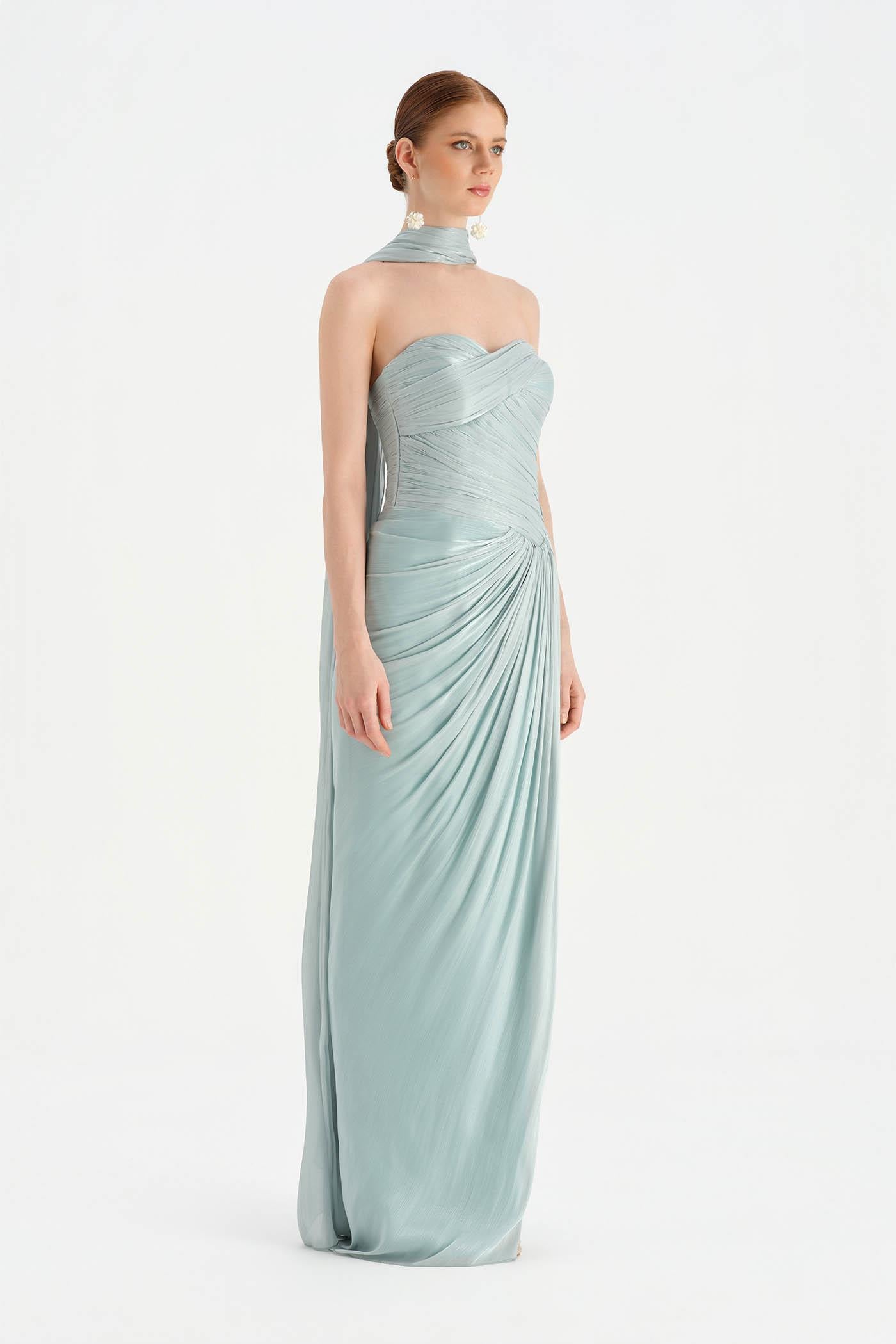 Shiny Organze Evening Dress with Pleats Draping and Shawl - 26002C