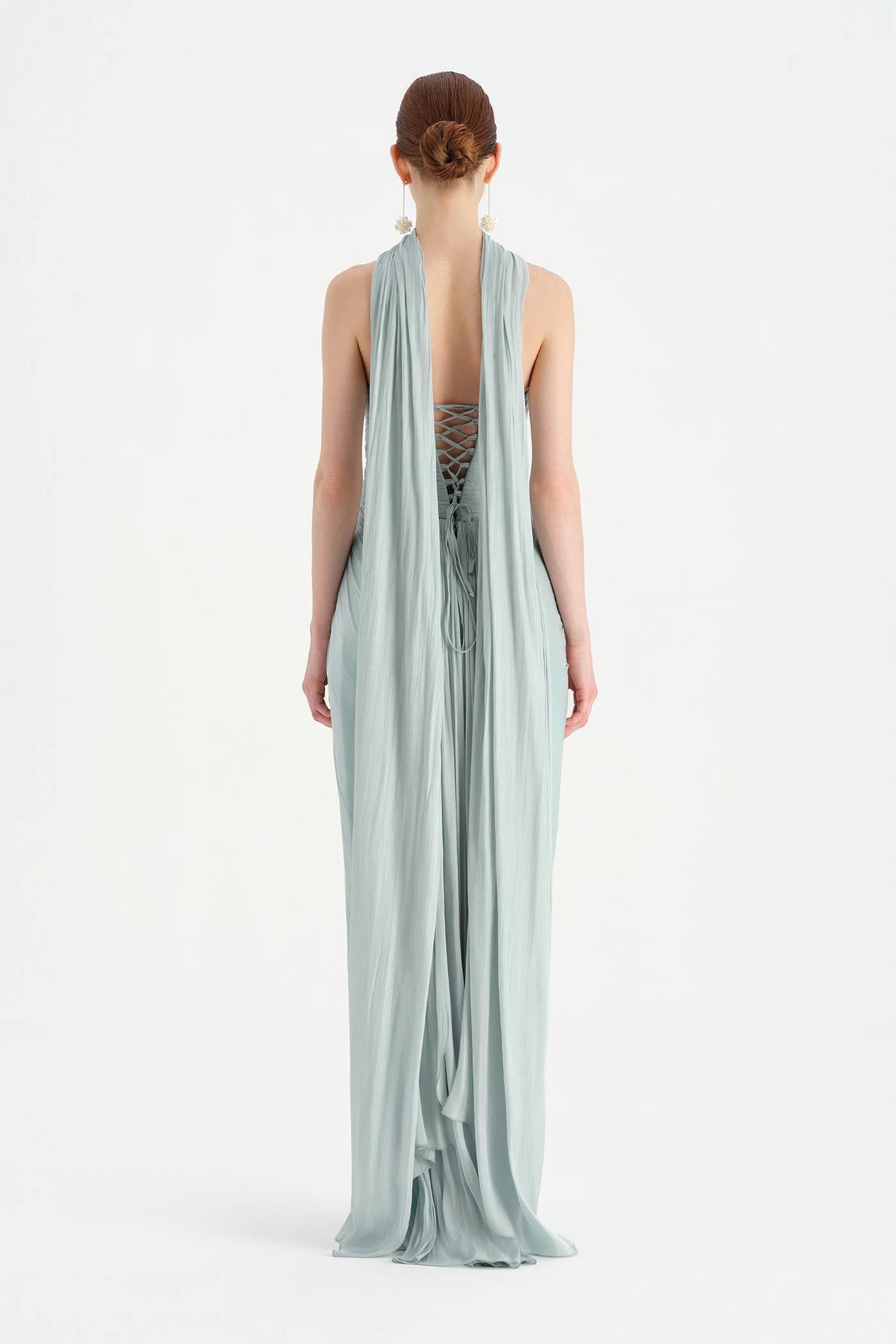 Shiny Organze Evening Dress with Pleats Draping and Shawl - 26002C