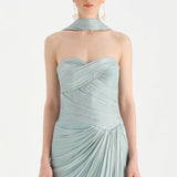 Shiny Organze Evening Dress with Pleats Draping and Shawl - 26002C