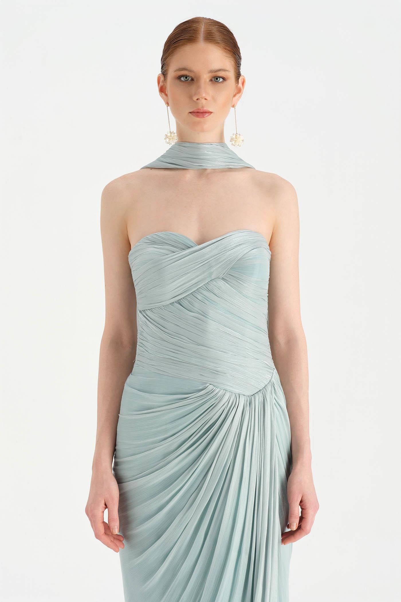 Shiny Organze Evening Dress with Pleats Draping and Shawl - 26002C