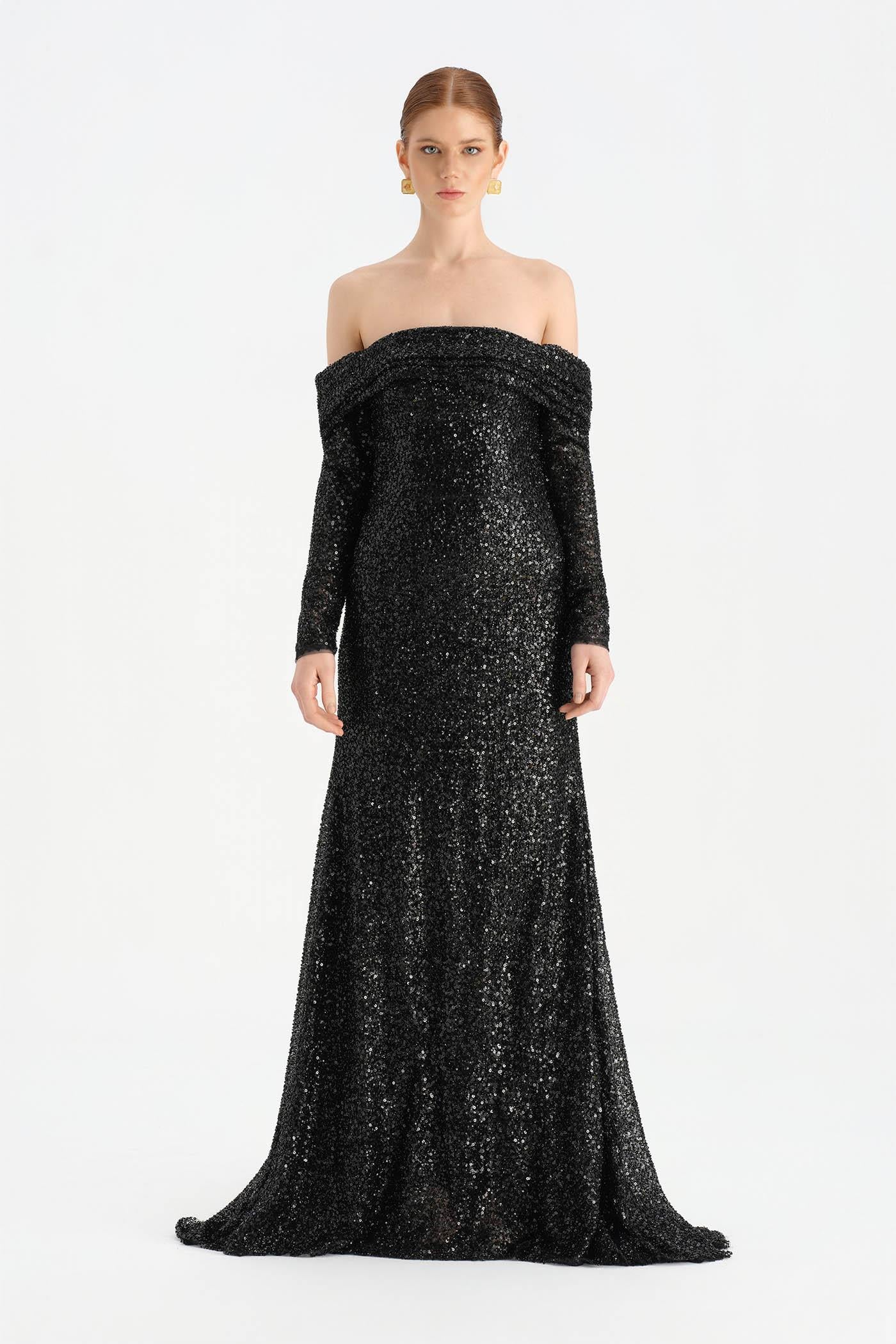 Omuz Dekolteli Taşlı Abiye - 26051C - SİYAH