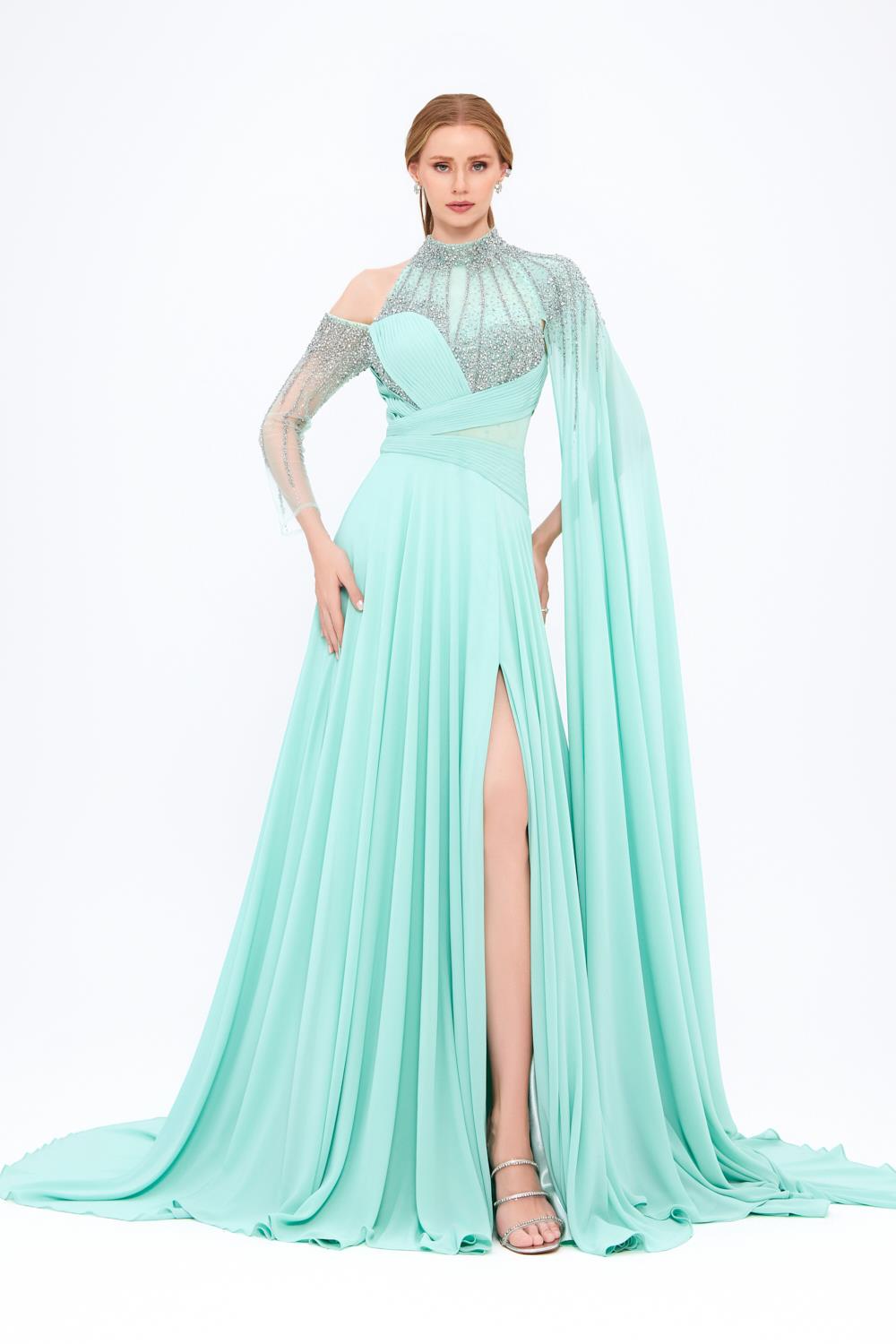 Mambo Couture Mambo Yırtmaçlı Omuz Detaylı Abiye Elbise - 917MG772 GREEN