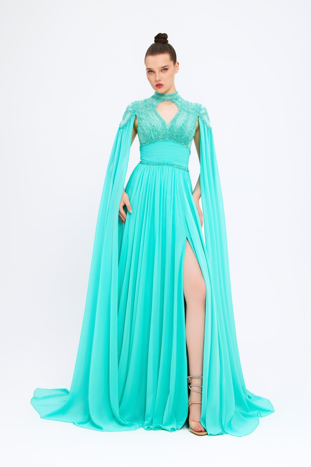 Mambo Couture Mambo Yırtmaçlı Taşlı Uzun Abiye Elbise - 917MG781 GREEN