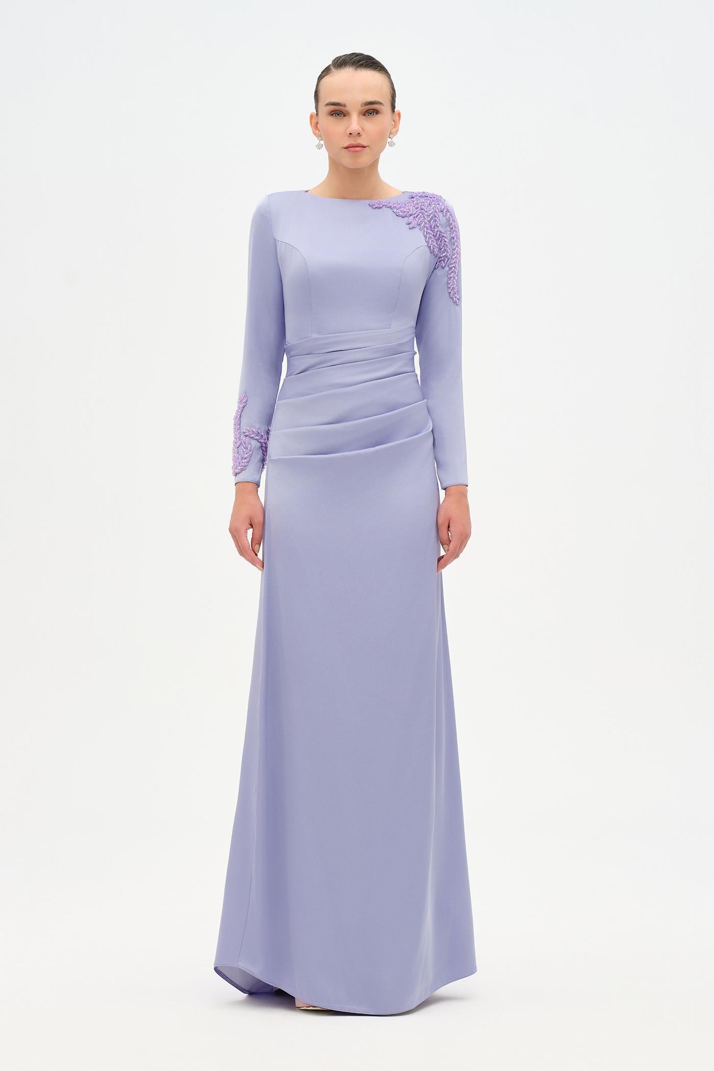 Shoulder, Arm Embellished Waist Draped Hijab Evening Dress - 26122C