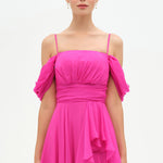 Chiffon Evening Dress with Off-Shoulder Cross Layered Shawl Detail - 26201C
