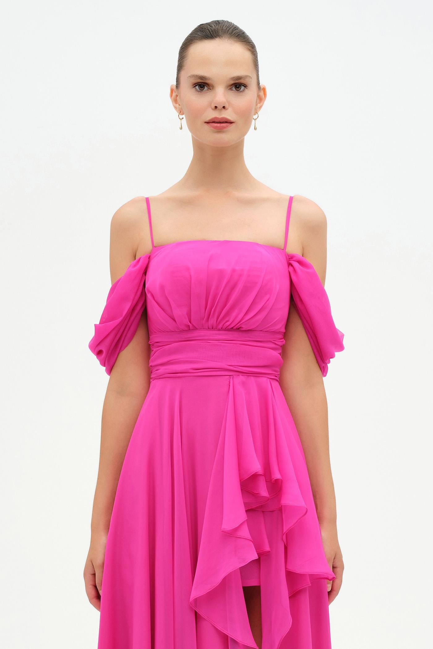 Chiffon Evening Dress with Off-Shoulder Cross Layered Shawl Detail - 26201C
