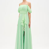 Omuzdan Çapraz Katmanlı Şal Detaylı Şifon Abiye Elbise - 26201C