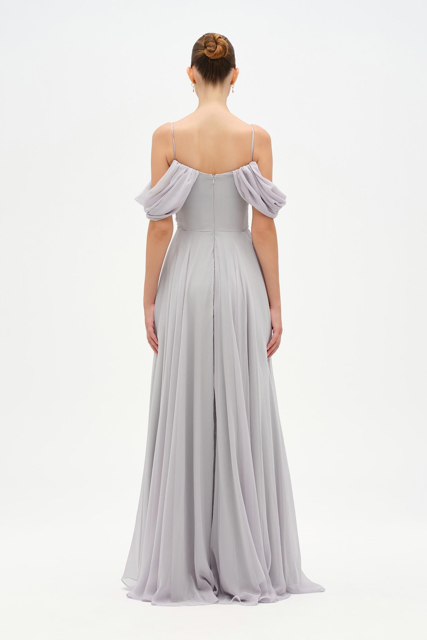 Chiffon Evening Dress with Off-Shoulder Cross Layered Shawl Detail - 26201C