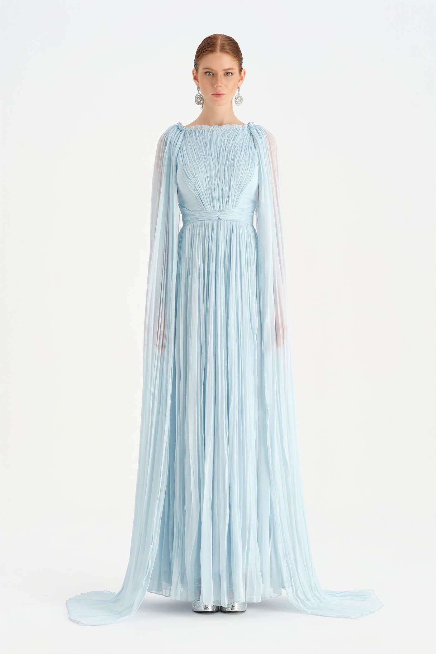 Pleated Chiffon Evening Dress with Cape Sleeves - 26076C