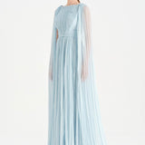 Pleated Chiffon Evening Dress with Cape Sleeves - 26076C