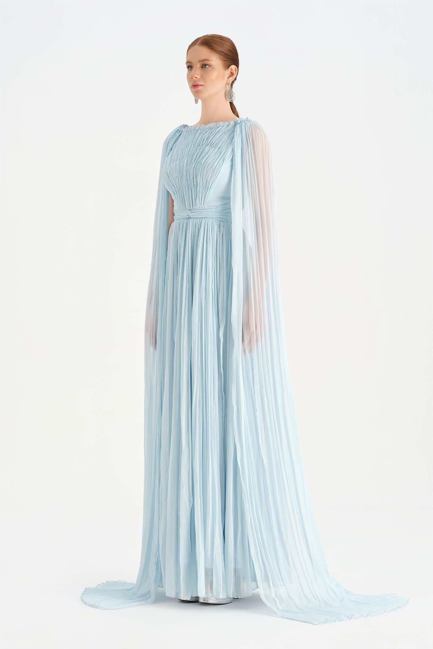 Pleated Chiffon Evening Dress with Cape Sleeves - 26076C