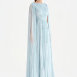 Pleated Chiffon Evening Dress with Cape Sleeves - 26076C