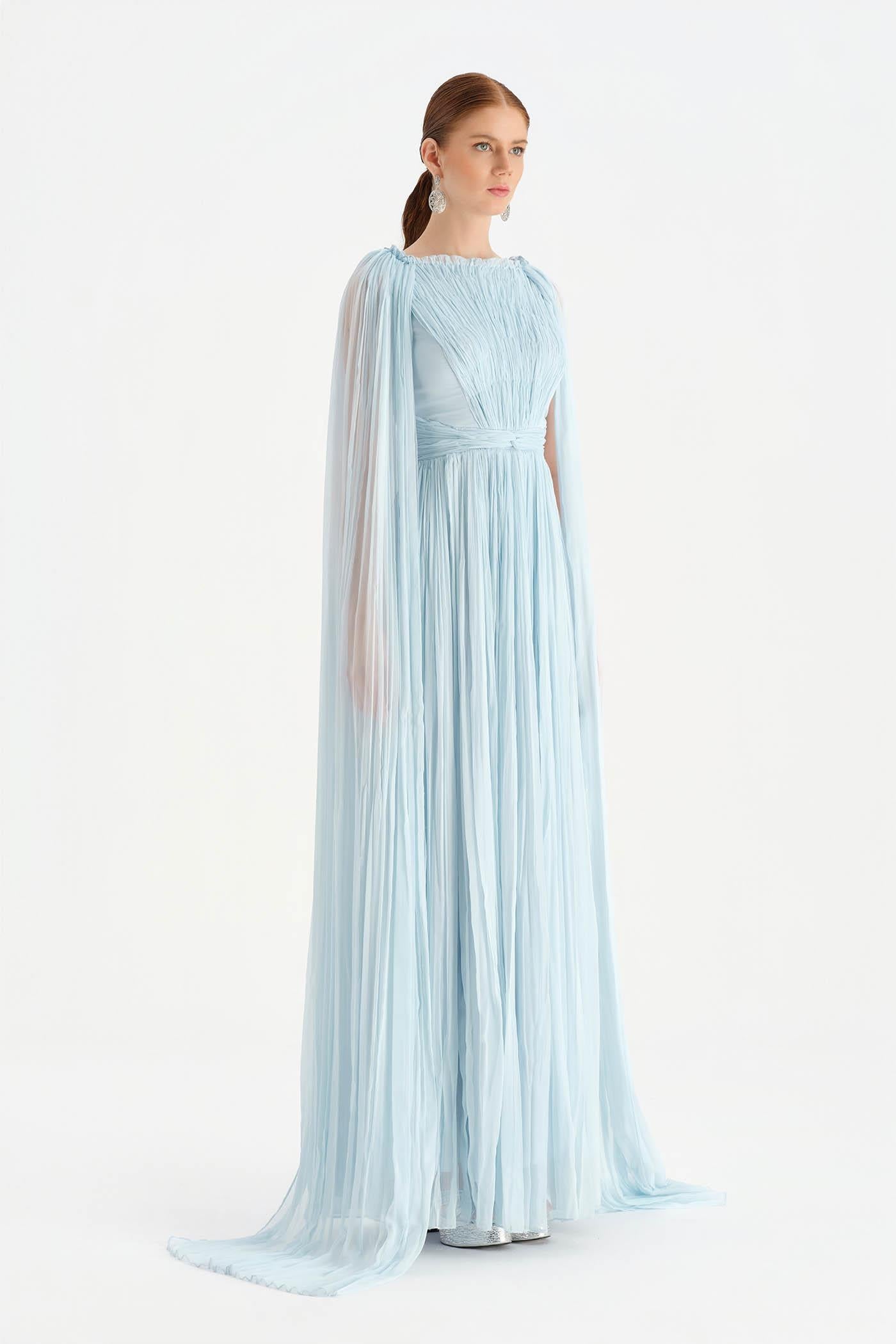 Pleated Chiffon Evening Dress with Cape Sleeves - 26076C