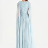 Pleated Chiffon Evening Dress with Cape Sleeves - 26076C