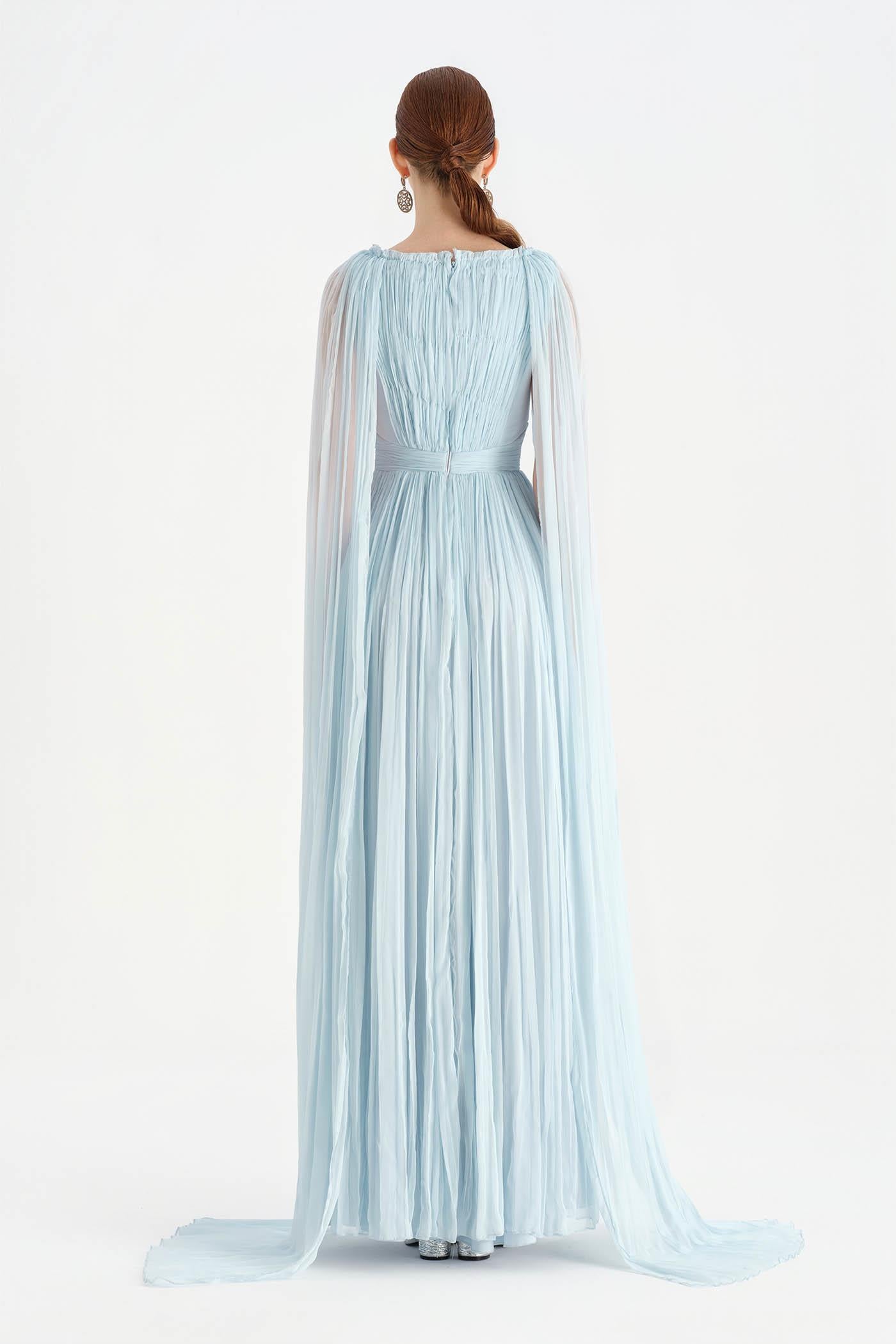 Pleated Chiffon Evening Dress with Cape Sleeves - 26076C