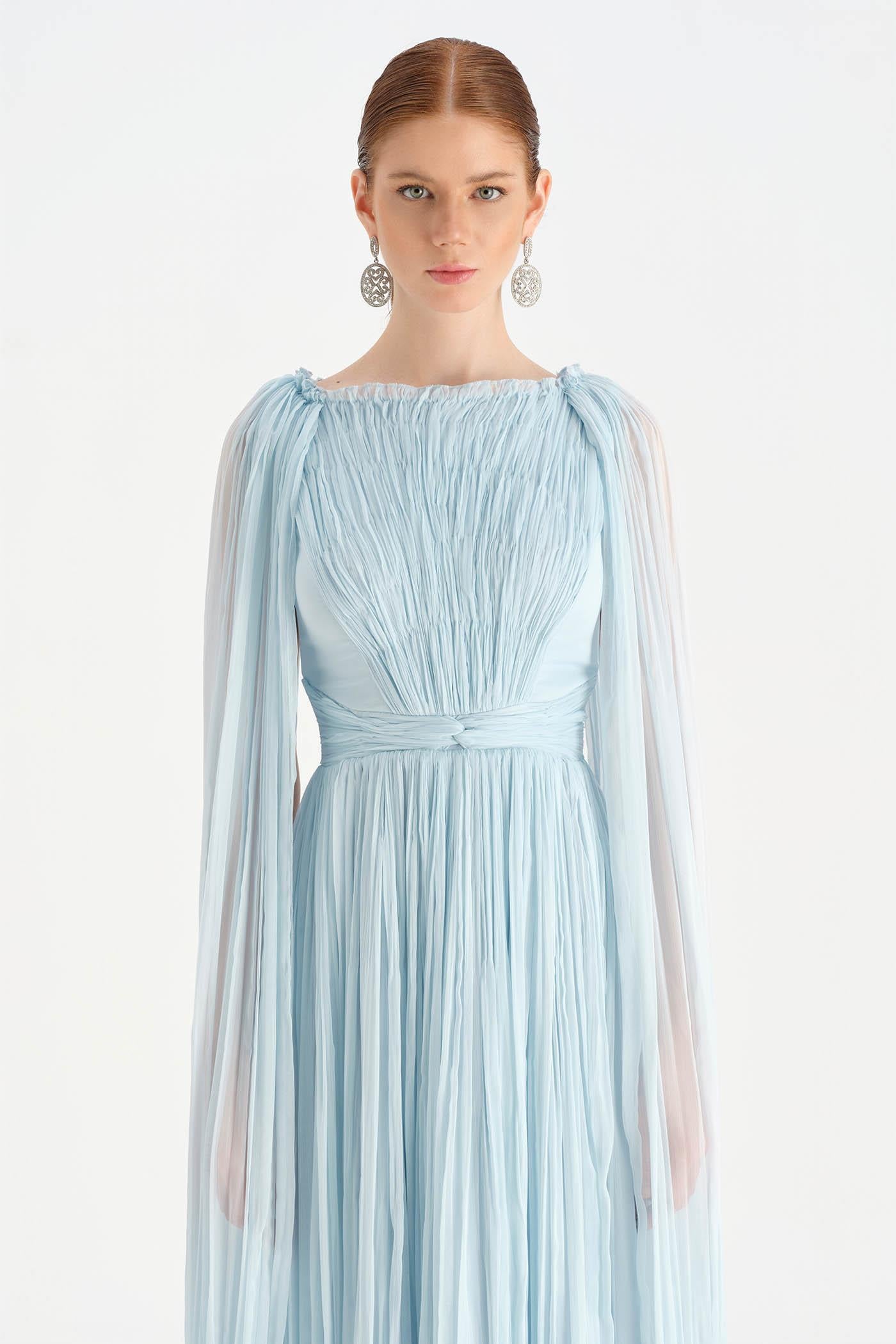 Pleated Chiffon Evening Dress with Cape Sleeves - 26076C