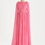 Pleated Chiffon Evening Dress with Cape Sleeves - 26076C