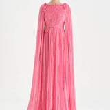 Pleated Chiffon Evening Dress with Cape Sleeves - 26076C