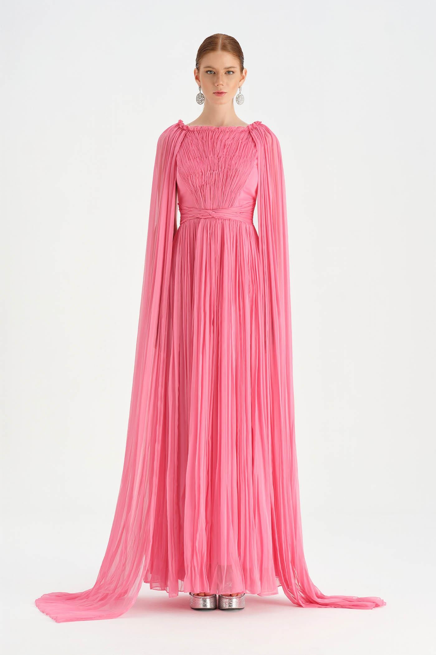 Pleated Chiffon Evening Dress with Cape Sleeves - 26076C