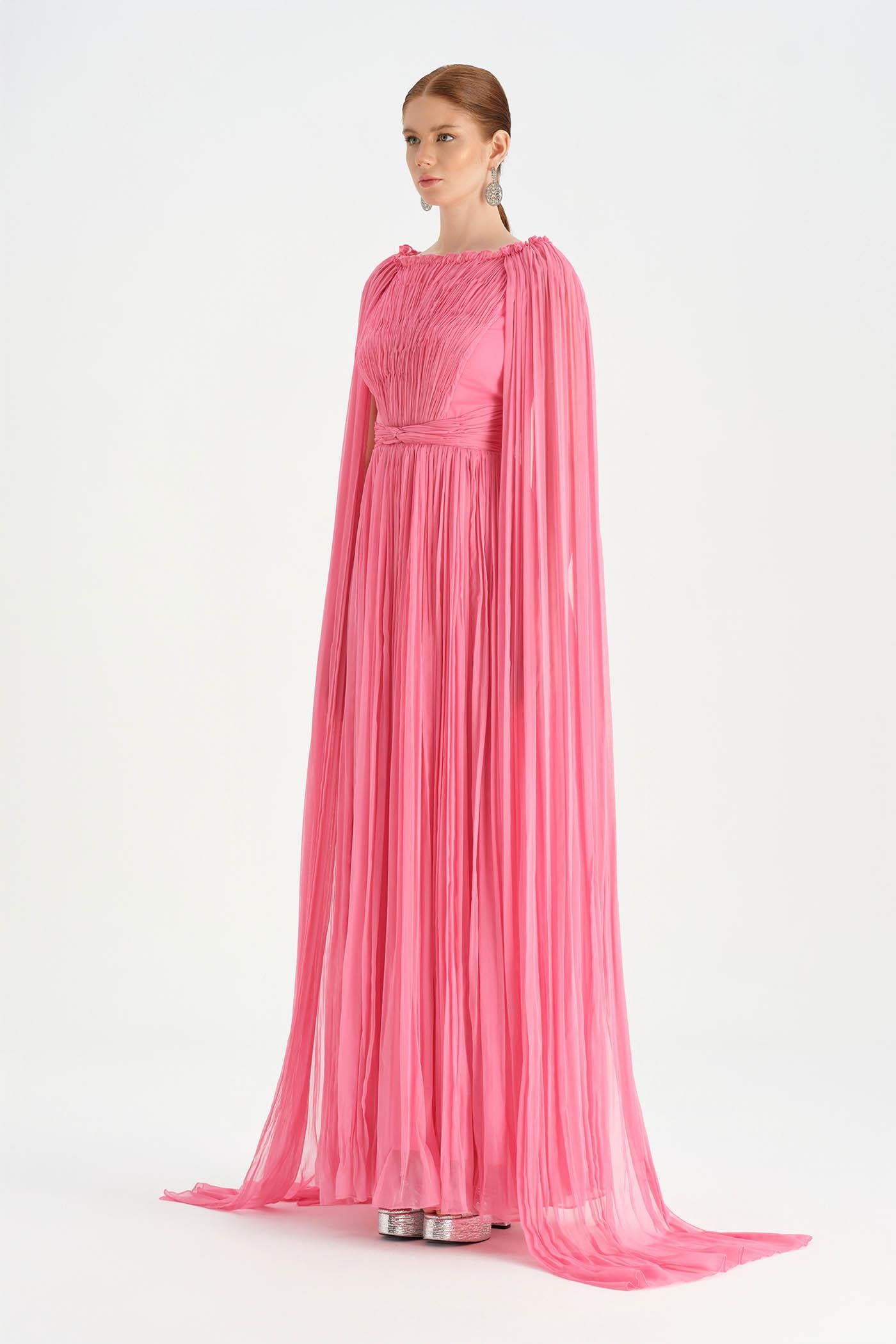 Pleated Chiffon Evening Dress with Cape Sleeves - 26076C