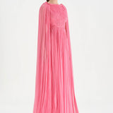 Pleated Chiffon Evening Dress with Cape Sleeves - 26076C