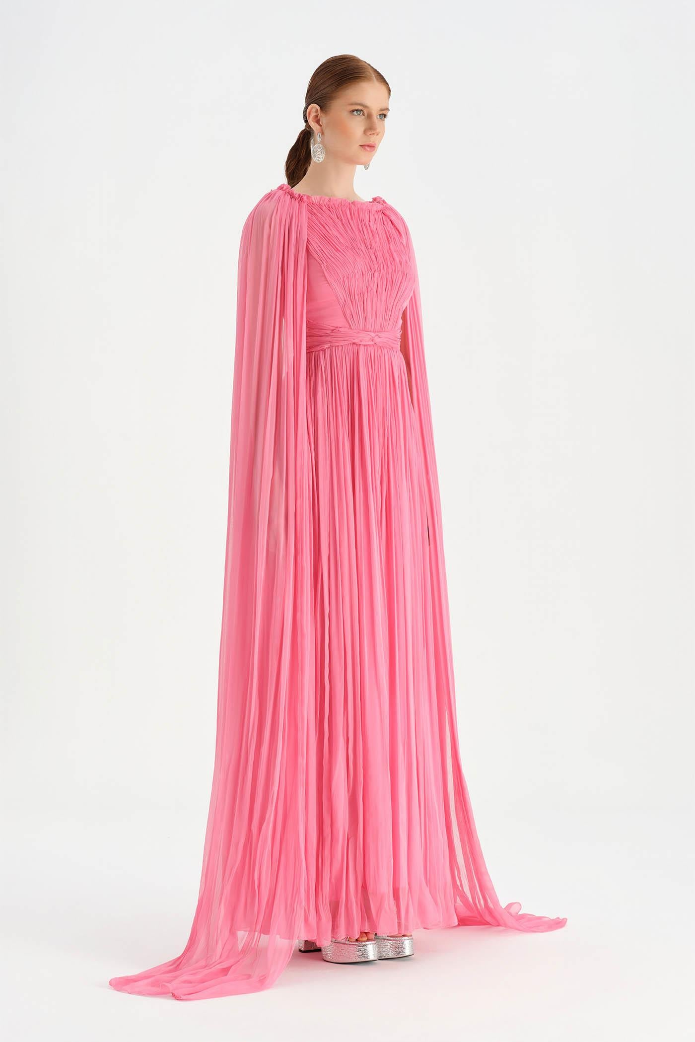 Pleated Chiffon Evening Dress with Cape Sleeves - 26076C