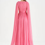 Pleated Chiffon Evening Dress with Cape Sleeves - 26076C