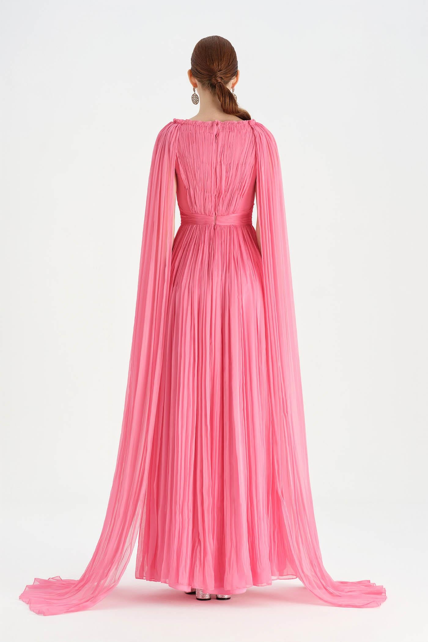 Pleated Chiffon Evening Dress with Cape Sleeves - 26076C