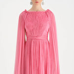 Pleated Chiffon Evening Dress with Cape Sleeves - 26076C