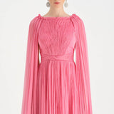 Pleated Chiffon Evening Dress with Cape Sleeves - 26076C