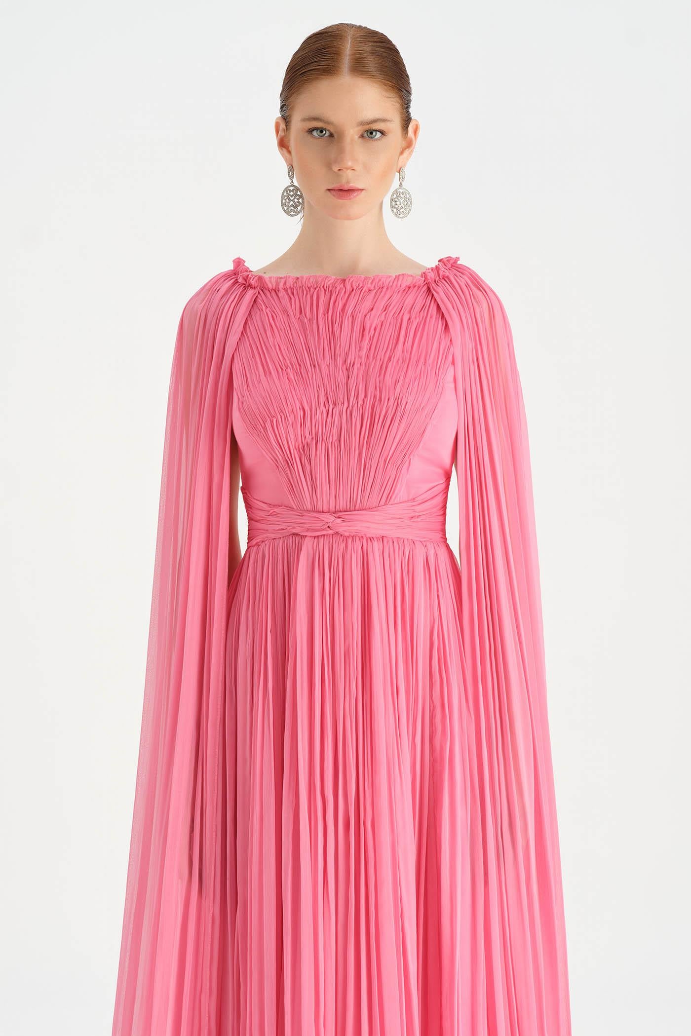 Pleated Chiffon Evening Dress with Cape Sleeves - 26076C