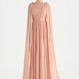 Pleated Chiffon Evening Dress with Cape Sleeves - 26076C