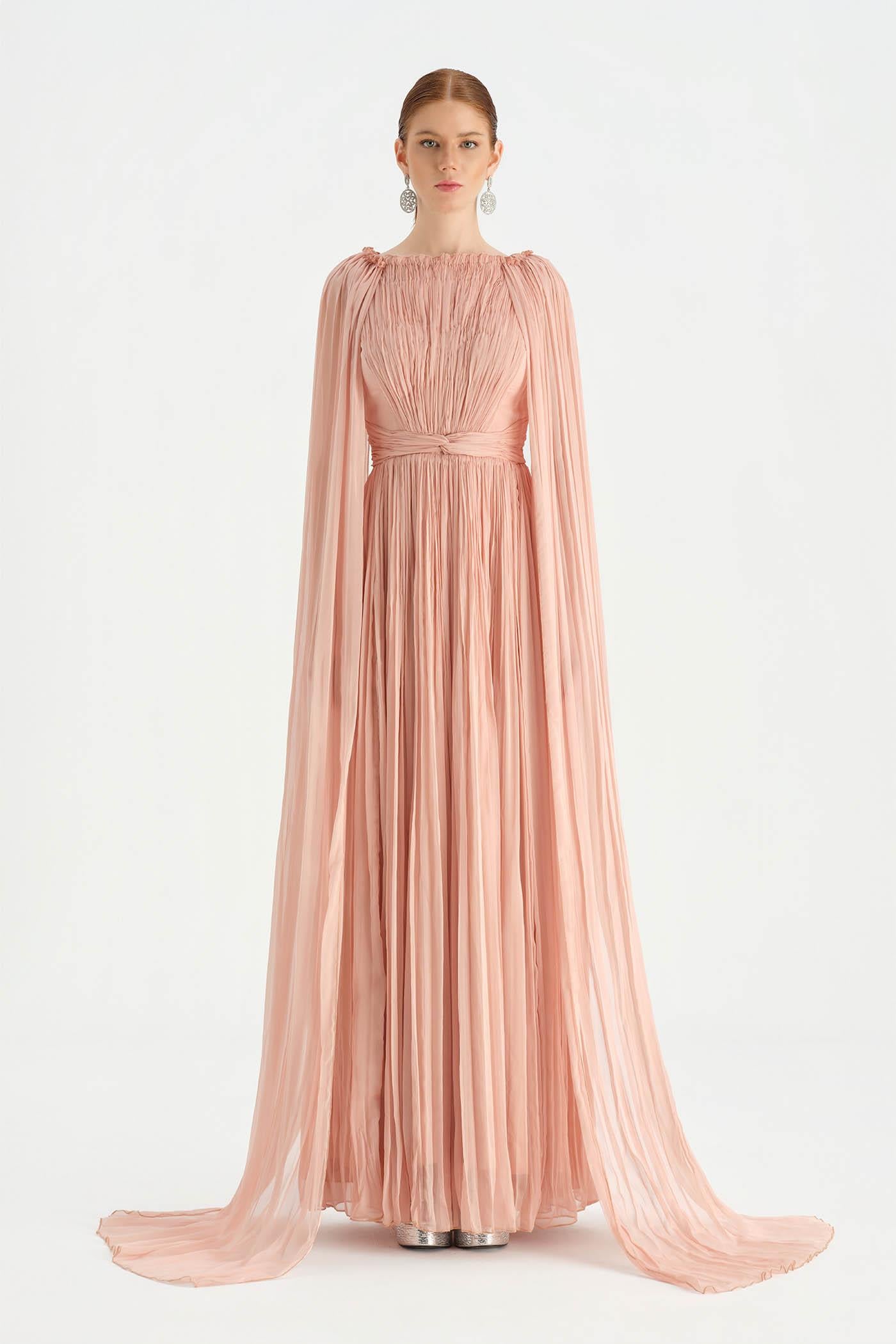 Pleated Chiffon Evening Dress with Cape Sleeves - 26076C